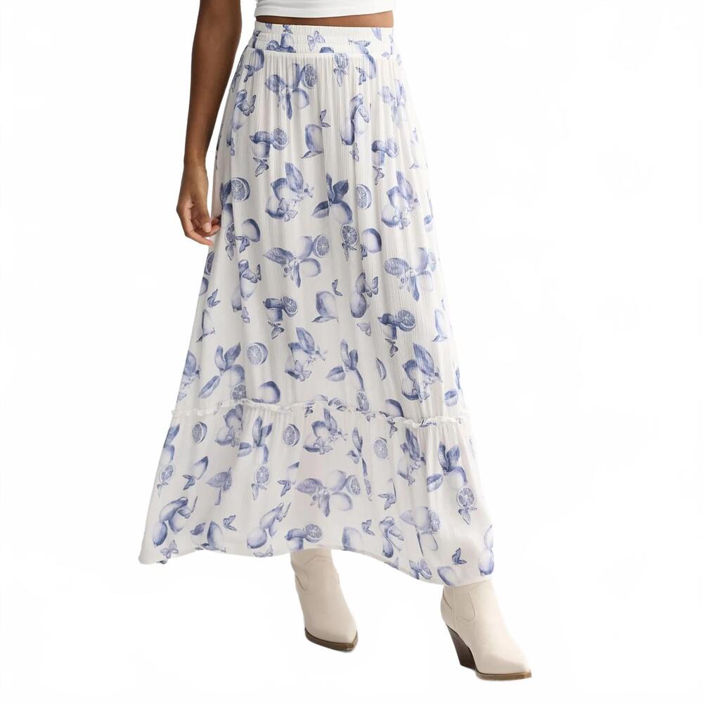 Lemon Print Tiered Maxi Skirt Blue White Size Juniors L (women's S/M) NWT